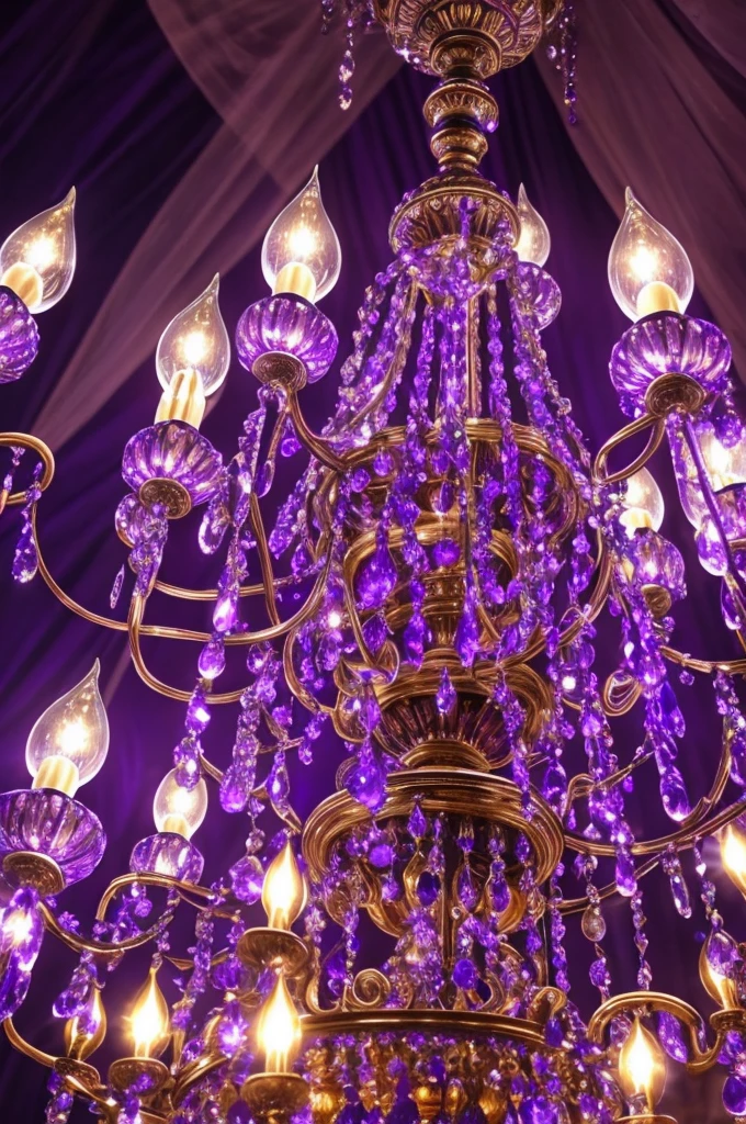 a close up of a chandelier with many purple lights, purple lights, cool purple lighting, moody lights!! intricate, glowing lights!! intricate, arabian nights inspired, blue and purle lighting, blue lights and purple lights, purple, extremely moody purple lighting, purple color lighting, beautiful lights, beautiful lit lamps, purple lighting, extremely beautiful lighting, beautiful lighting