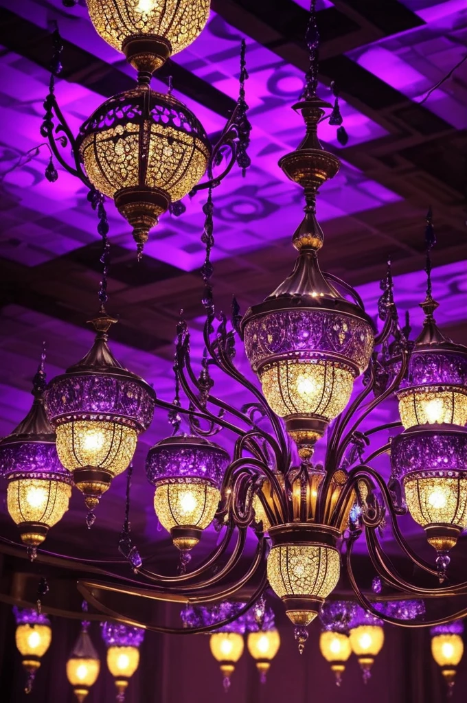 a close up of a chandelier with many purple lights, purple lights, cool purple lighting, moody lights!! intricate, glowing lights!! intricate, arabian nights inspired, blue and purle lighting, blue lights and purple lights, purple, extremely moody purple lighting, purple color lighting, beautiful lights, beautiful lit lamps, purple lighting, extremely beautiful lighting, beautiful lighting