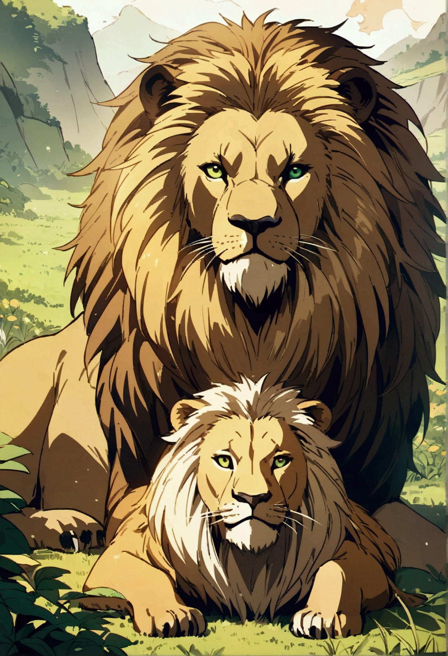 Detailed anime drawing of a sitting lion, And the green eye runs through the meadow by itself, smile, some different animals sitting behind him