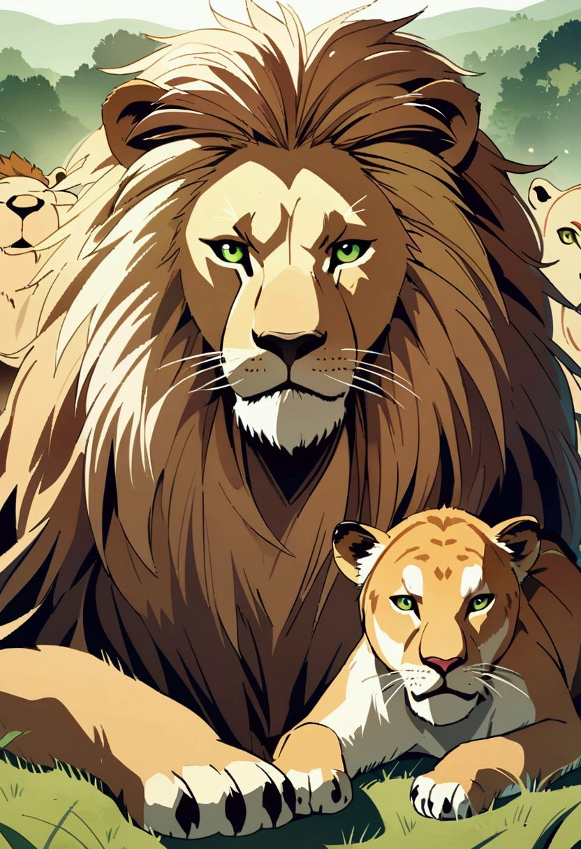 Detailed anime drawing of a sitting lion, And the green eye runs through the meadow by itself, smile, some different animals sitting behind him