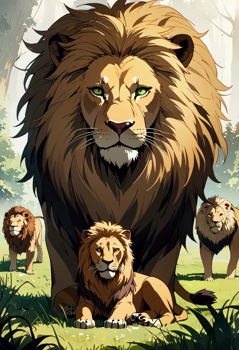 Detailed anime drawing of a sitting lion, And the green eye runs through the meadow by itself, smile, some different animals sitting behind him