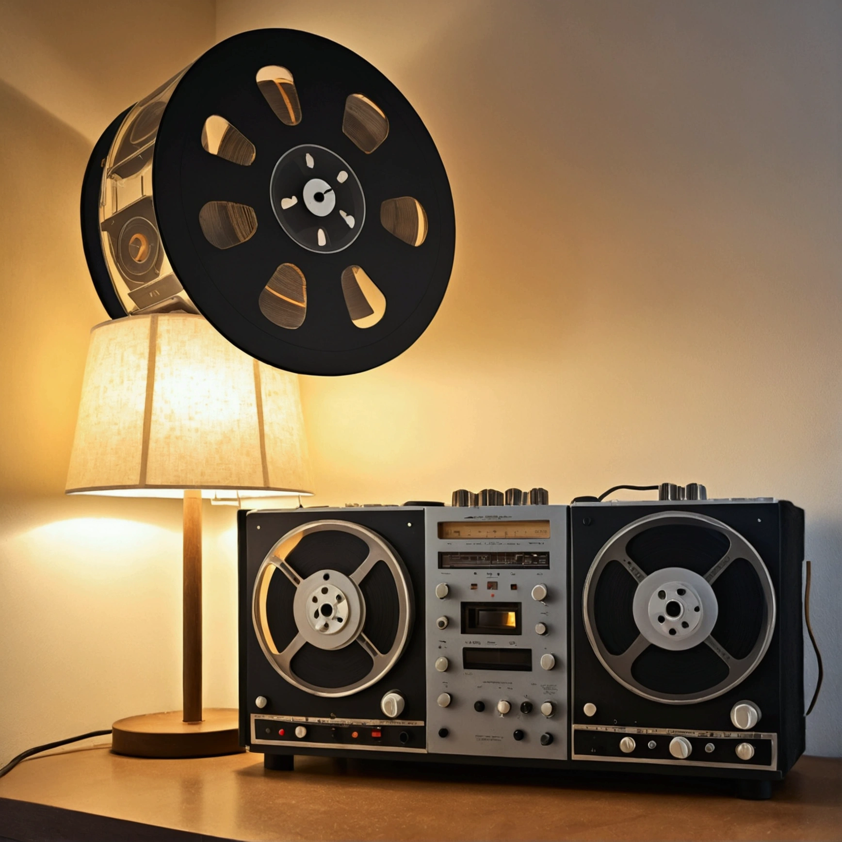 (artistic drawing), drawing of a reel-to-reel revox tape recorder under a lampshade without light versus a cora in process of ascension in a an erased labyrynth
