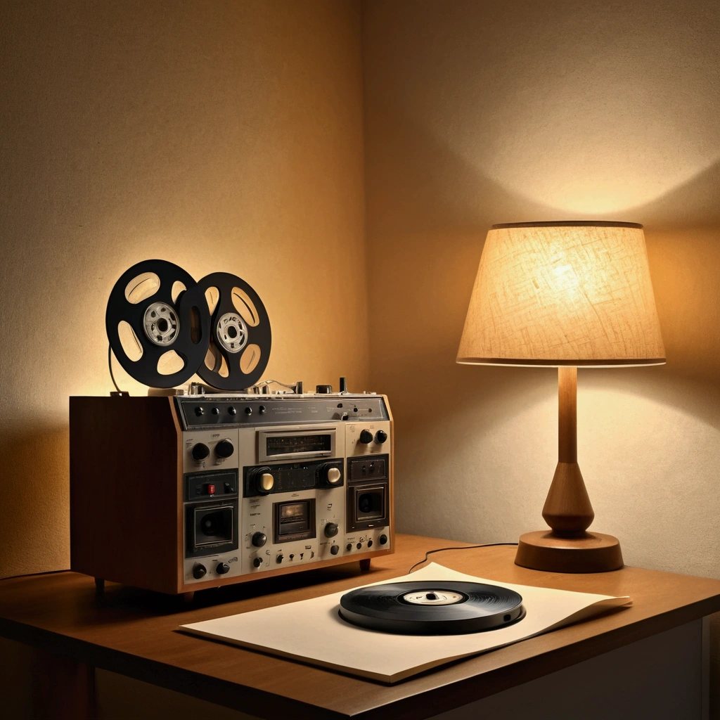 (artistic drawing), drawing of a reel-to-reel revox tape recorder under a lampshade without light versus a cora in process of ascension in a an erased labyrynth
