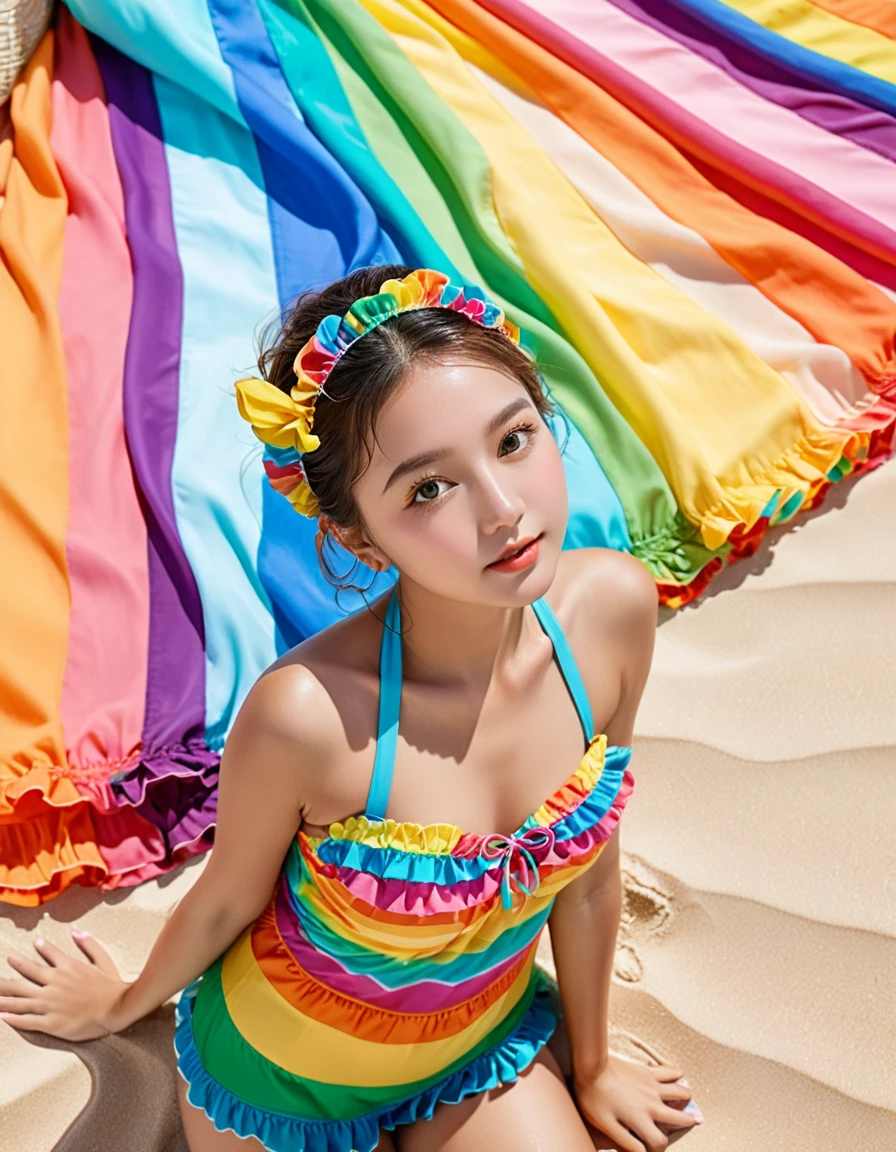 from {above|below|side|behind}, (close up face), ultra detailed beautiful photograph, On the beach, girl dressed in seven-colored frilly swimsuits with frilly sarong are enjoying the summer sunshine, vibrant colors, rainbow, dreamscape