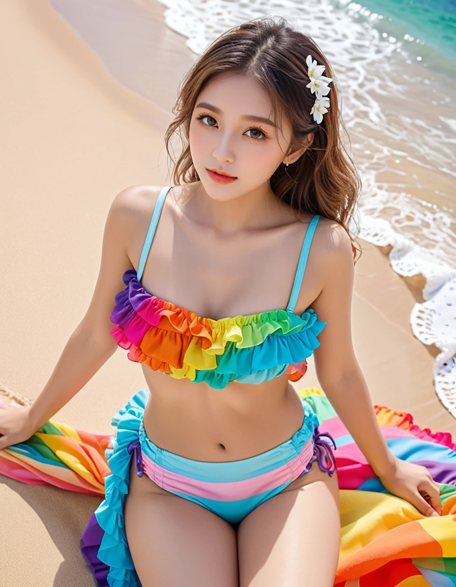 from {above|below|side|behind}, (close up face), ultra detailed beautiful photograph, On the beach, girl dressed in seven-colored frilly swimsuits with frilly sarong are enjoying the summer sunshine, vibrant colors, rainbow, dreamscape