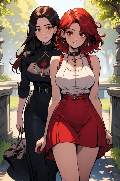 Two women. Perfect faces. Perfect hands. A red haired woman with red eyes and an hourglass figure in a pretty summer dress is walking with a black haired woman with brown eyes with an hourglass figure in a park with a big smile