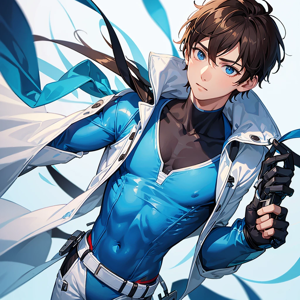 A boy with an ice suit and brown hair and a blue ribbon on his chest
