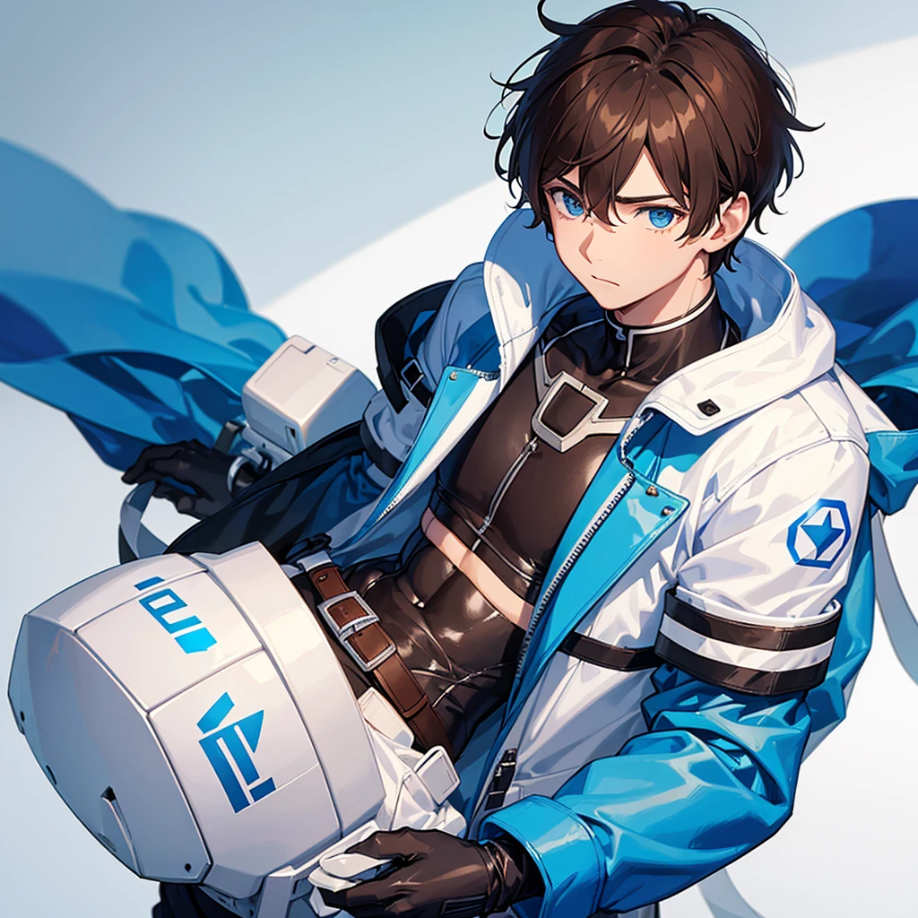 A boy with an ice suit and brown hair and a blue ribbon on his chest