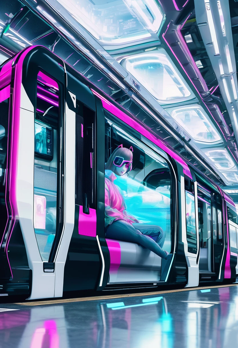 Futuristic Train Station: A high-tech train station with transparent floors and walls, filled with holographic displays. The train, a sleek bullet-shaped vehicle, arrives silently. Passengers in modern cyberpunk fashion, with augmented reality glasses and smart devices, wait to board, cyberpunk aesthetic, digital painting, ultra fine details, cinematic atmosphere 