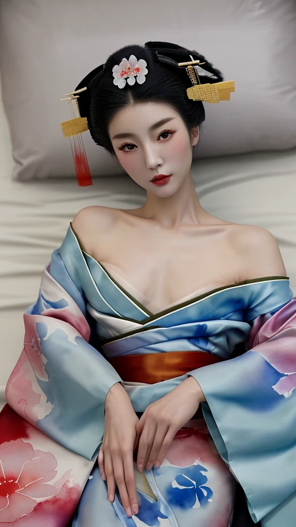 watercolor，Clear coat painted，A mature and beautiful Chinese woman，Small exposed shoulders，Wearing a Japanese geisha kimono，Lying on the imperial concubine&#39;s couch