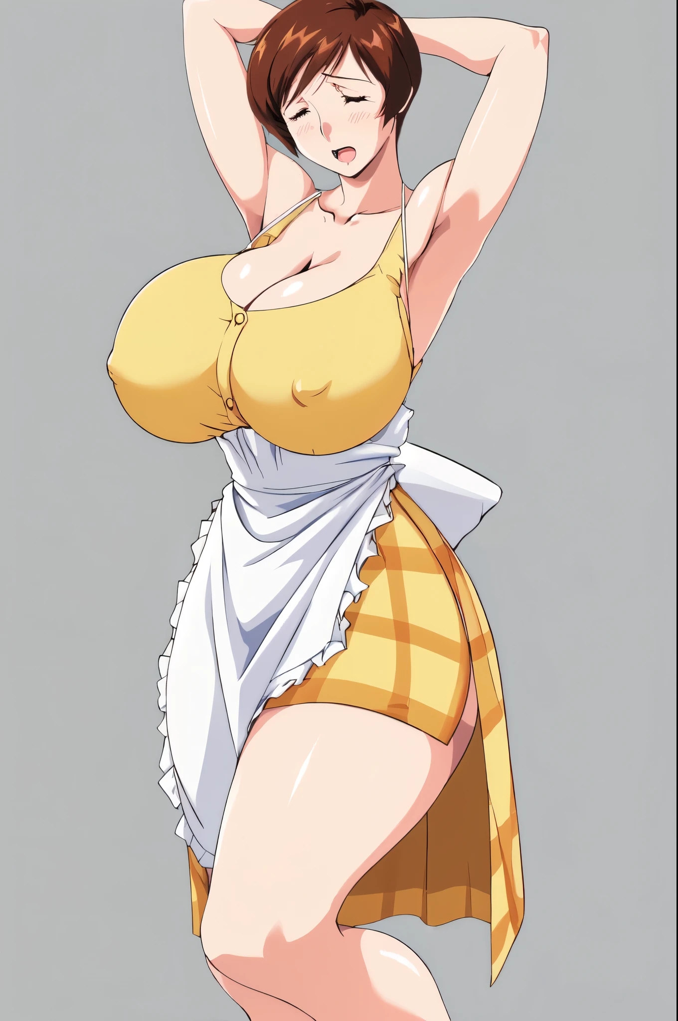 masterpiece, highest quality, High resolution, One girl, solo, sexual intercourse, Pornographic images, short hair, etsukoto, brown Eyes, fine grain, fine grain, (((Thick thighs, Plump thighs, Voluptuous thighs, Thighs alone are enough))), Huge and ample breasts, Cleavage, big long breasts, Naughty big,((big breasts are important))、((Naughty thighs)), L Cup, (thin:1.4),(Tight waist:1.4), (yellow dress:1.4), orgasm, orgasm, closed eyes,((waist apron)), white panty, (((Simple Background))), ((Wide Hips)), Shiny, Oily skin, Mature mother, Calf, Seductive mature woman, milf, Perfect body, Plus Size Model, curvy, ample, etsukoto, blush, clavicle, retro artstyle, 1990s (style), (thick thighs:1.4), ((Bare legs)), ((bursting breast)), firm breasts, (arms up:1.4), (from side:0.8),