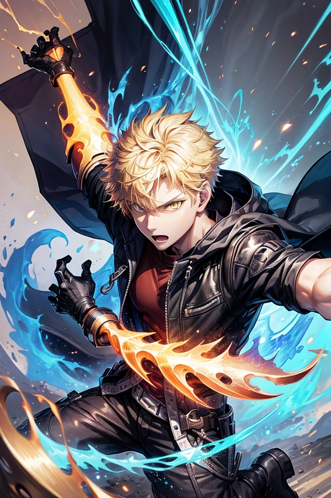 1boy,soft face,confident,young adult, simple clothes,wearing a black jacket, blue energy, ice, blizzard, (yellow color eyes), ((blonde hair)),short messy unkept hair, demon arm, devil trigger style arm, scaled arm, monster arm highest quality digital art, Stunning art, wallpaper 4k, highly detailed,BREAK, (anime style), epic, anime style, battlefield scenario, (digital art), masterpiece, 4K