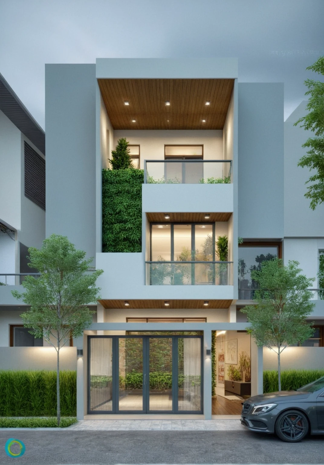 modern villa on street, (daylight), tropical tree, green shrub and plants, vivid color, streetcapes, minimalist design, brigth grey tone, (large glass door:1.2), warm interior lighting, modern material, best quality, ultra realistic, masterpiece,