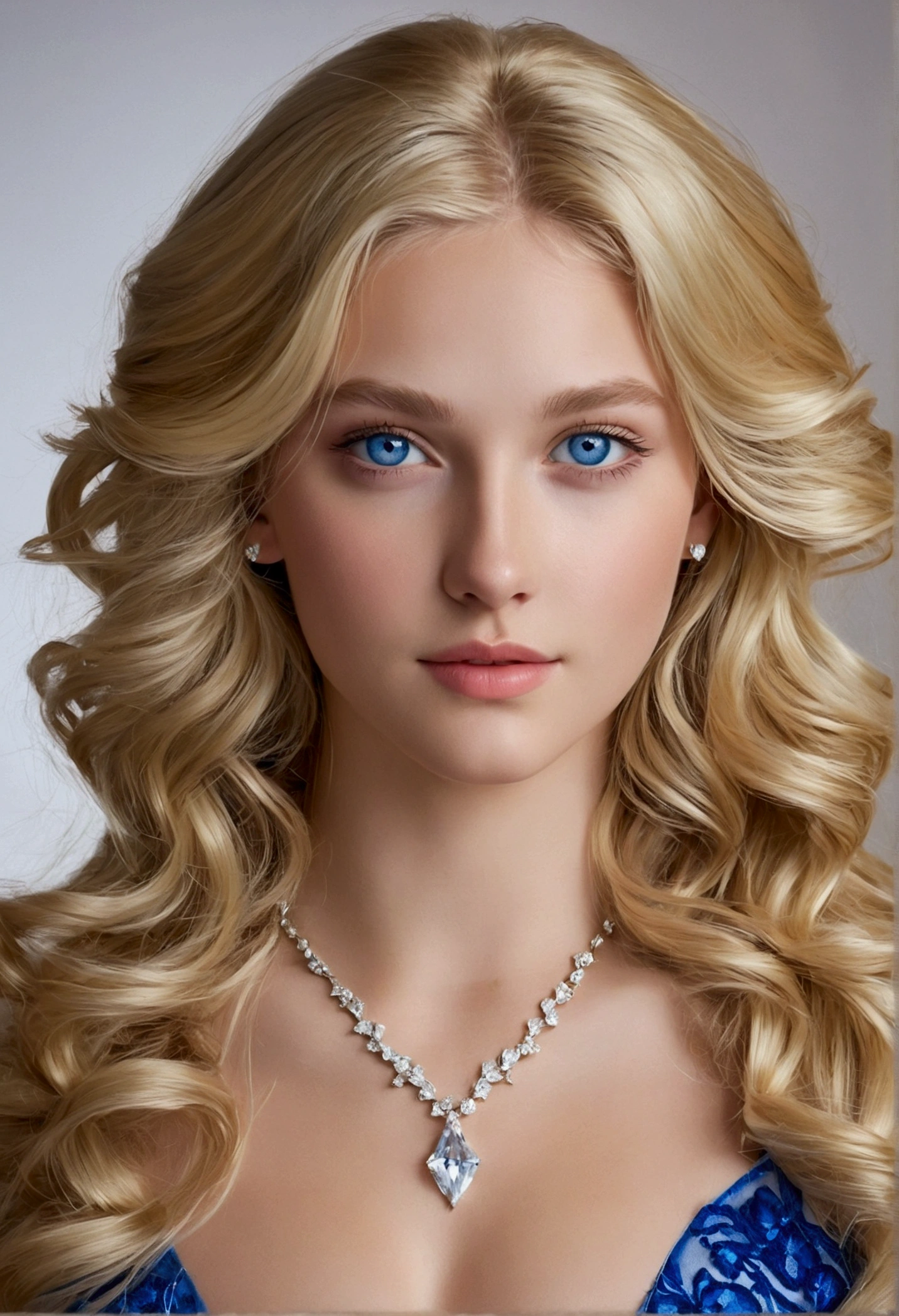 jeune fille, Fairly long blonde wavy hair , blue eyes, with a very pretty diamond shaped face, average size bust, head of&#39;artwork, high quality