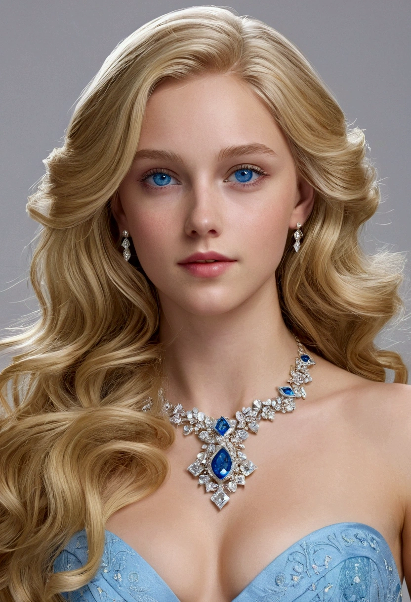 jeune fille, Fairly long blonde wavy hair , blue eyes, with a very pretty diamond shaped face, average size bust, head of'artwork, high quality