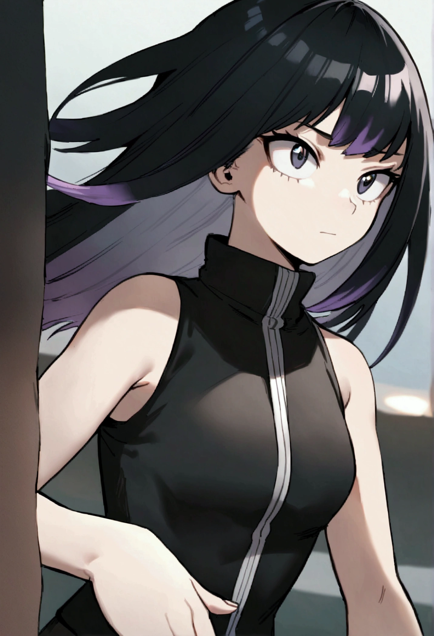 A cute teenage girl with black hair with purple tips and loose bangs., With a high neck, sleeveless, all black suit, MY HERO ACADEMIA STYLE.