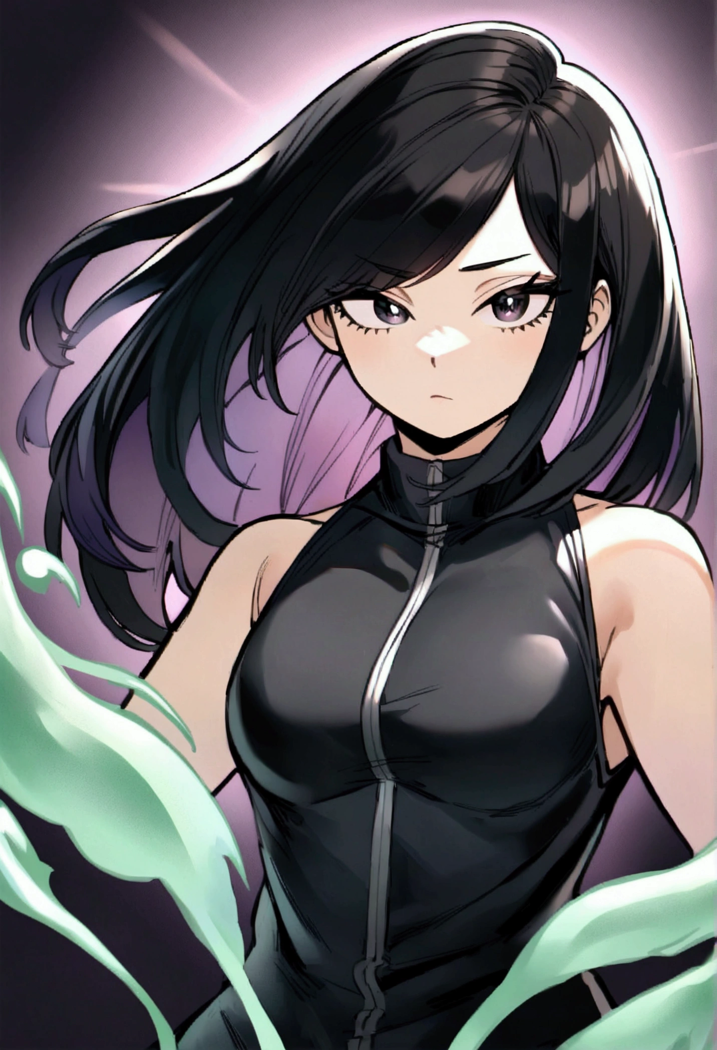 A cute teenage girl with black hair with purple tips and loose bangs., With a high neck, sleeveless, all black suit, MY HERO ACADEMIA STYLE.