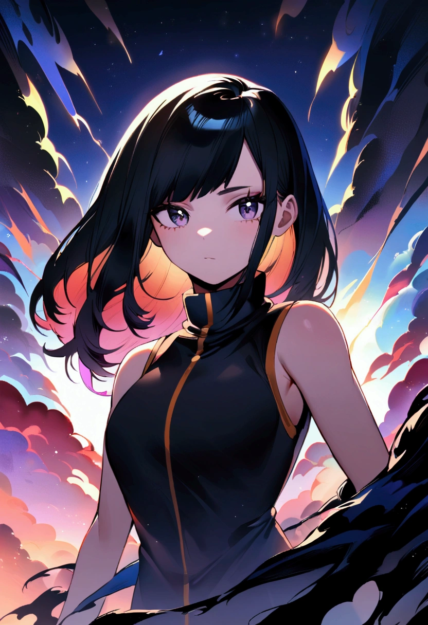 A cute teenage girl with black hair with purple tips and loose bangs., With a high neck, sleeveless, all black suit, MY HERO ACADEMIA STYLE.