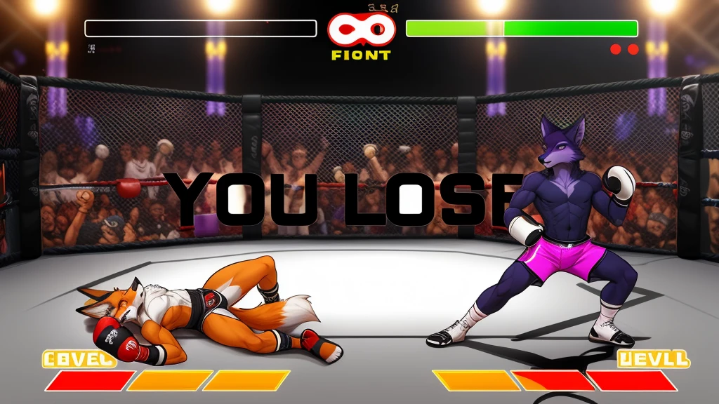 a detailed picture of a boxing match (male anthros, two boy), slim body, slim features, in a boxing ring, Ross Tran, ruan jia, trending on artstation, foxovh,User Interface of Fighting game, Crisis, assorted poses, assorted expression, full body, sound effects, motion blur, from side, ((fox, blue shorts, knocked out on the floor)), (((purple wolf, white shorts, boxing pose))) “VS” 