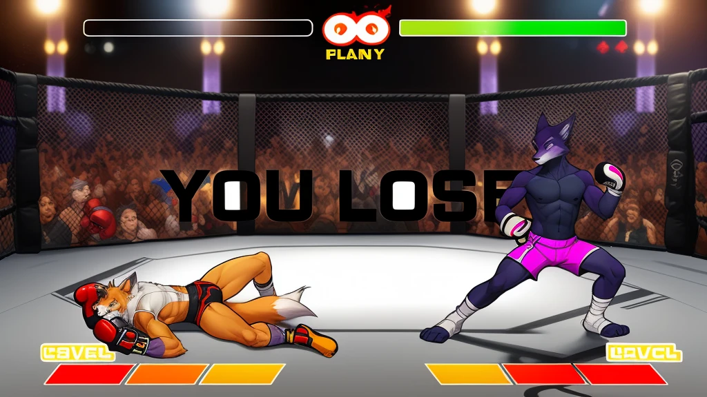a detailed picture of a boxing match (male anthros, two boy), slim body, slim features, in a boxing ring, Ross Tran, ruan jia, trending on artstation, foxovh,User Interface of Fighting game, Crisis, assorted poses, assorted expression, full body, sound effects, motion blur, from side, ((fox, blue shorts, knocked out on the floor)), (((purple wolf, white shorts, boxing pose))) “VS”