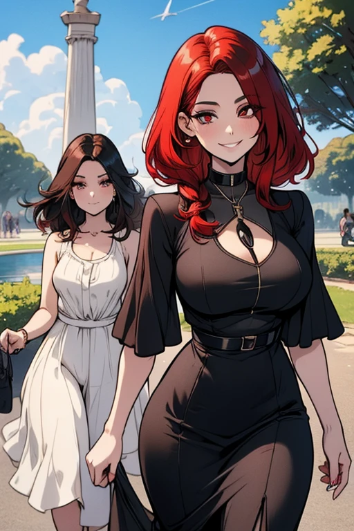 Two women. Perfect faces. Perfect hands. A red haired woman with red eyes and an hourglass figure in a pretty summer dress is walking with a black haired woman with brown eyes with an hourglass figure in a park with a big smile
