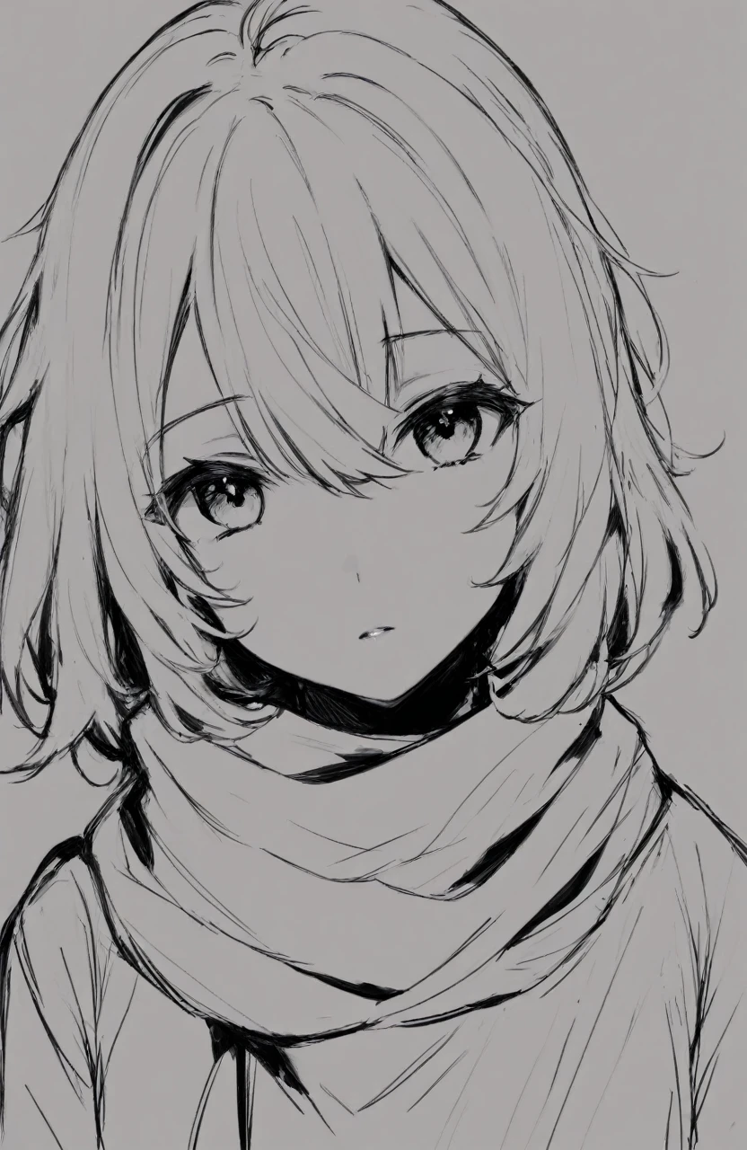 masterpiece, best quality,greyscale, monochrome, solo, 1girl, scarf, hair between eyes, simple background, white background, looking at viewer, sketch, upper body, medium hair, parted lips, messy hair, closed mouth 
////////, 