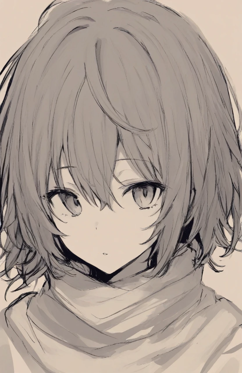 masterpiece, best quality,greyscale, monochrome, solo, 1girl, scarf, hair between eyes, simple background, white background, looking at viewer, sketch, upper body, medium hair, parted lips, messy hair, closed mouth
////////,