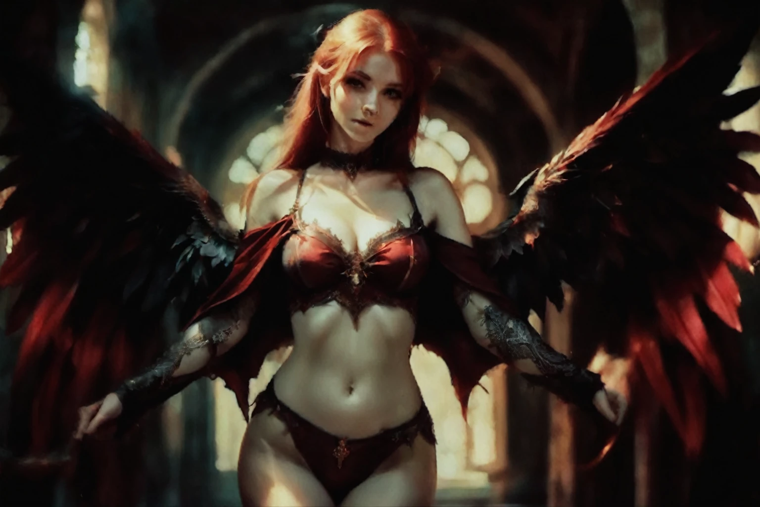 arafed woman with red hair and wings in a dark room, beautiful succubus, succubus | medieval, raven winged female vampire, succubus, diablo 4 lilith, succubus in tight short dress, gothic fantasy art, villainess has black angel wings, lilith, beautiful elegant demon queen, cinematic goddess body shot, epic fantasy art style hd, 4k, UHD, (masterpiece:1.2), awardwinning