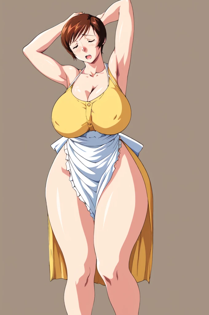 masterpiece, highest quality, High resolution, One girl, solo, sexual intercourse, Pornographic images, short hair, etsukoto, brown Eyes, fine grain, fine grain, (((Thick thighs, Plump thighs, Voluptuous thighs, Thighs alone are enough))), ((Huge and ample breasts, Cleavage, big long breasts)), Naughty big,((big breasts are important))、((Naughty thighs)), L Cup, (thin:1.4),(Tight waist:1.4), (yellow dress:1.4), ((waist apron)), orgasm, orgasm, closed eyes, white panty, (((Simple Background))), ((Wide Hips)), Shiny, Oily skin, Mature mother, Calf, Seductive mature woman, milf, Perfect body, Plus Size Model, curvy, ample, etsukoto, blush, clavicle, retro artstyle, 1990s (style), (thick thighs:1.4), ((Bare legs)), (arms up:1.4), (from side:0.8),