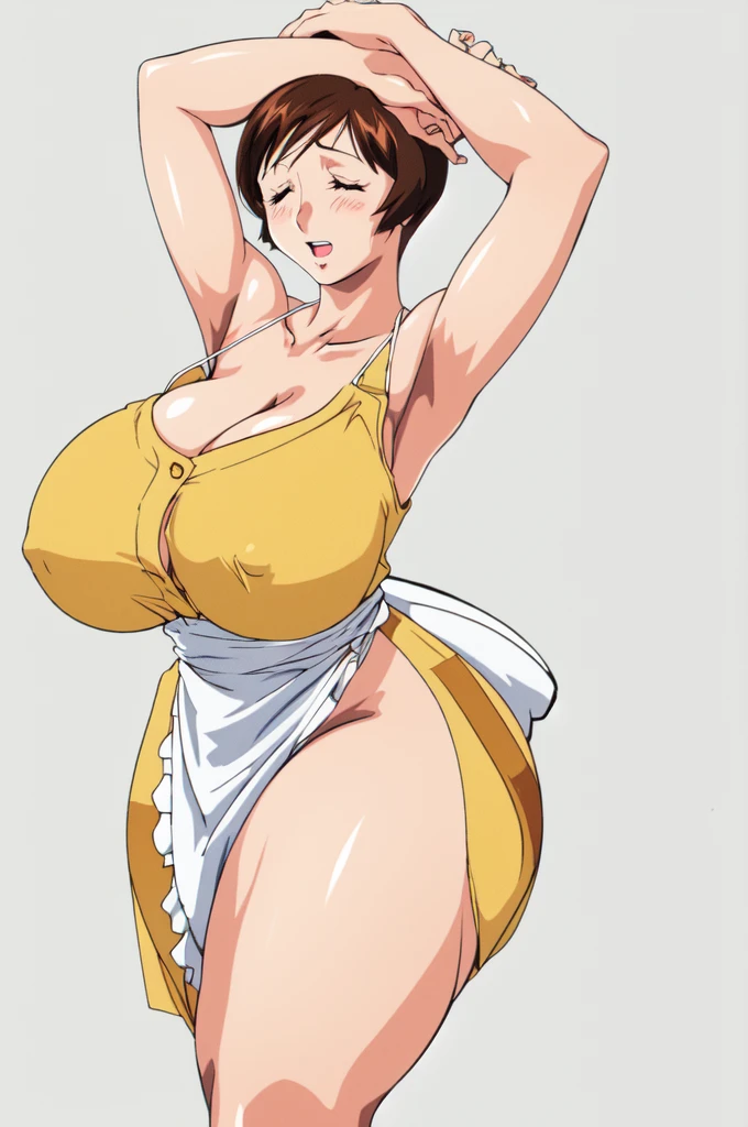 masterpiece, highest quality, High resolution, One girl, solo, sexual intercourse, Pornographic images, short hair, etsukoto, brown Eyes, fine grain, fine grain, (((Thick thighs, Plump thighs, Voluptuous thighs, Thighs alone are enough))), ((Huge and ample breasts, Cleavage, big long breasts)), Naughty big,((big breasts are important))、((Naughty thighs)), L Cup, (thin:1.4),(Tight waist:1.4),  (yellow dress:1.4), ((waist apron)), orgasm, orgasm, closed eyes, white panty, (((Simple Background))), ((Wide Hips)), Shiny, Oily skin, Mature mother, Calf, Seductive mature woman, milf, Perfect body, Plus Size Model, curvy, ample, etsukoto, blush, clavicle, retro artstyle, 1990s (style), (thick thighs:1.4), ((Bare legs)), (arms up:1.4), (from side:0.8),