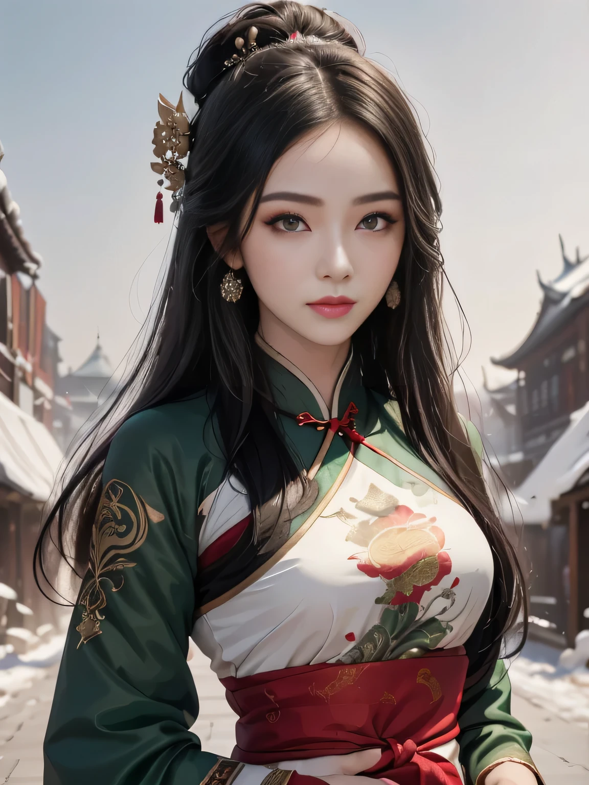 1 girl, Actress, Handsome, Ink splash, Chinese armor, (Upper Body), Black Hair, Flowing hair, Exquisite eyes, Black and green ancient silk Hanfu, Field of view, (F1.8), (masterpiece), (Portraits), front Photo, White background, (poster), arms