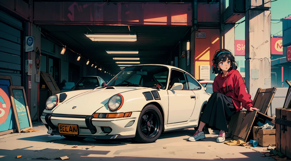 Anime-style girl with short, wavy hair and large expressive eyes, wearing casual clothes and red headphones. She is sitting in front of a vintage blue Porsche 911 in a cluttered garage. The garage has neon lights, colorful posters, and various tools scattered around. The black cat sits beside her, adding to the nostalgic 80s city pop vibe.