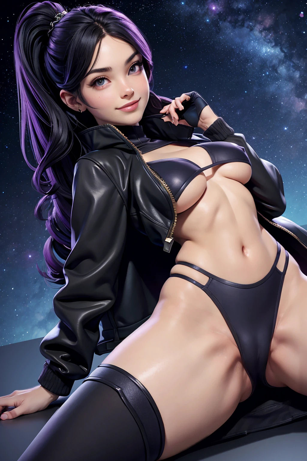 girl with goth colors. Crotch Angle perspective, laying on her back . She has ((starlight hair)), wears a (black micro-bikini:star motif ) (bare navel) (cameltoe) (tech-wear jacket) , ((beautiful and aesthetic)), muscular fit body abs, sexy, under-boobs, hot, (star filled sky background) (clear background:1.35), (particles ,firefly, blue glowing):1.3, perspective, embarrassed smile, totally blushed, nervous, looking at the viewer, spread legs, black thong