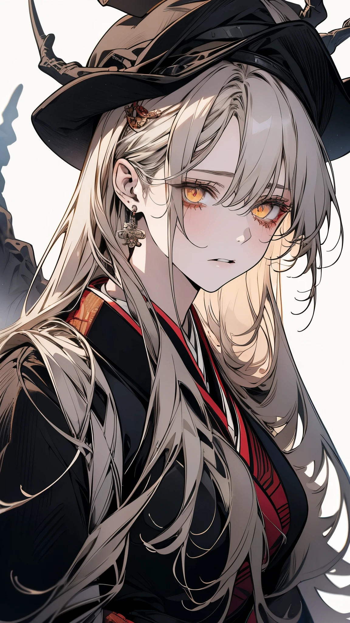 (Top resolution、Distinct_image)top-quality、A girl 、masterpiece、highly detailed, half body, Semi-realistic、yellow eyes 、18year old, silver hair,young 、Exquisite facial features、Facial features ,variation potrait, long hairstyles, teenage, cool , cold sharp eyes, An expression of despair., lifeless eyes, blood on face, , {Very detailed 8k CG unit wallpaper}, Handsome, solo, female, , loyalty ,Japanese kimono, detailed eyes, beautiful eyes, gorgeous , have dragon horns