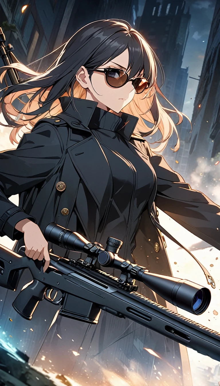 sniper cover art,Handsome handsome boy wearing sunglasses.Wearing a black trench coat.Sniper using sniper rifle. Anime Visual, Detailed key animation art, anime artwork,  Ethereal anime impact.Beautiful and extremely fine texture，detailed, bright, Animation style high definition and high quality presentation,
