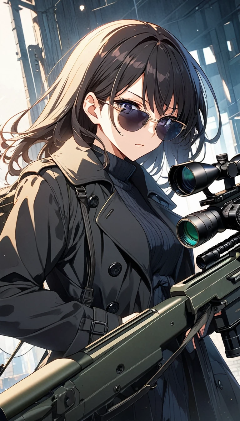 sniper cover art,Handsome girl wearing sunglasses.Wearing a black trench coat.Sniper using sniper rifle. Anime Visual, Detailed key animation art, anime artwork, Ethereal anime impact.Beautiful and extremely fine texture,detailed, bright, Animation style high definition and high quality presentation,