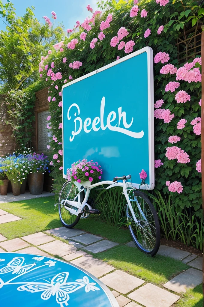 In a garden, a bicycle is parked, surrounded by flowers and butterflies fluttering around. Above the bicycle, there is a bright white board with the name "Deepesh" written in global blue color. The scene looks incredibly beautiful. Neon goblin
