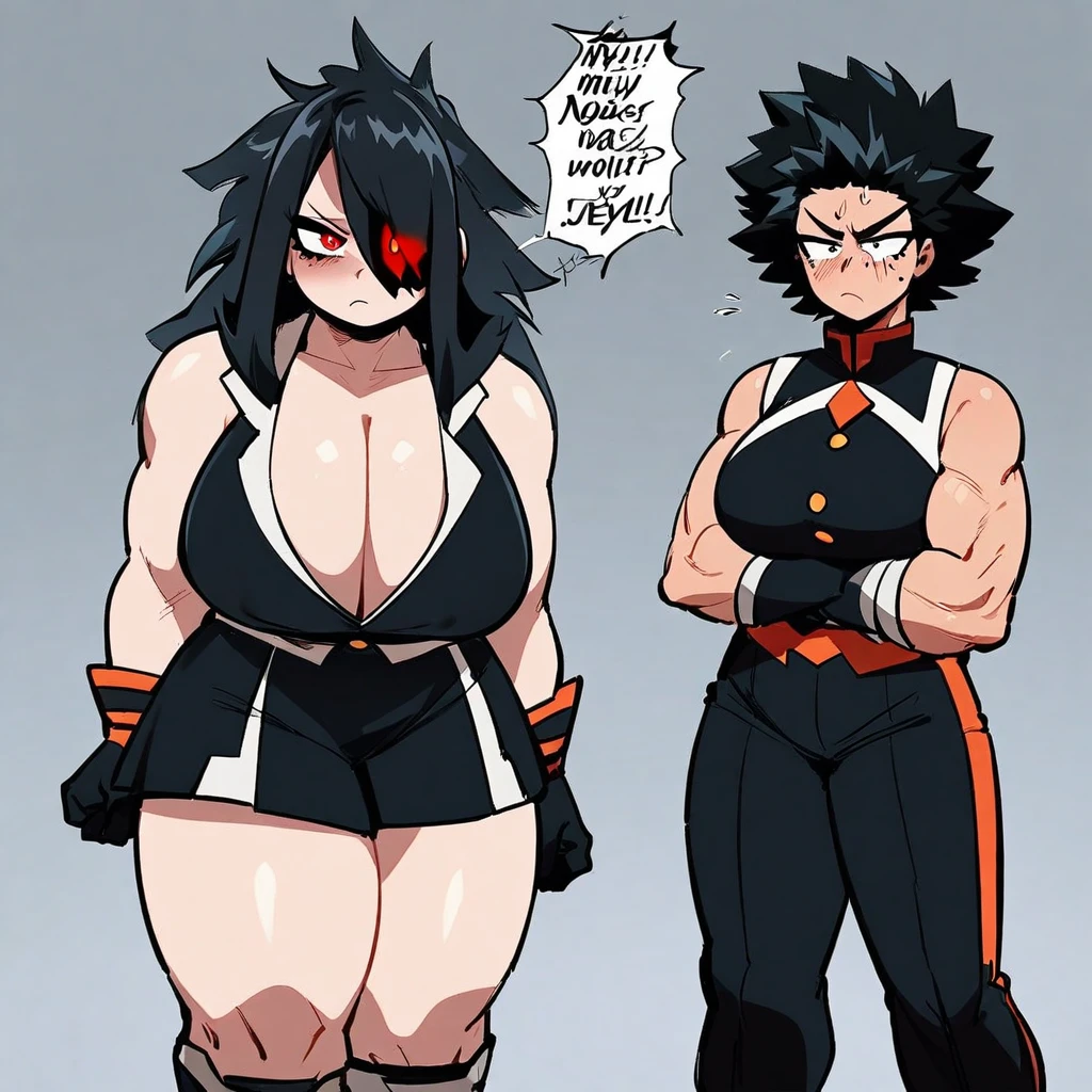 One girl, my hero academia uniform, siren eyes, dark red eye color, muscular arms, long jet black hair with bangs, plump breast’s, irritated frown, lesbian, dominant, High Resolution, Mole Under Eye, Devil Pupils, Tsundere, faded scare over right eye, my hero academia style, tall, nonchalant