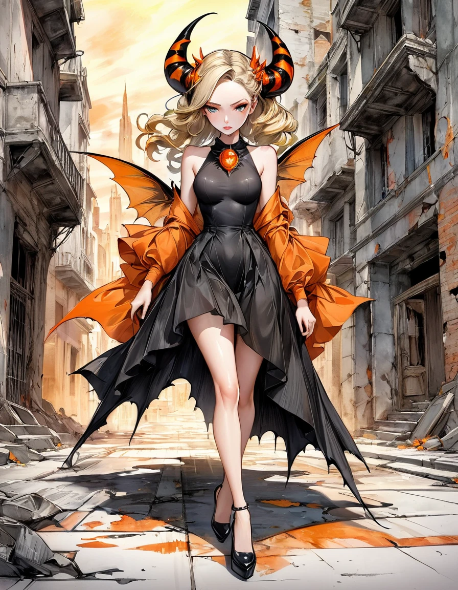 atmosphere terror devil {Amanda Sage Camilla Sanchez Edgar Degas} very fine drawing cartoon sketch art pastels watercolor pencil sketck withe + orange withe terror evil Venom rich deep color bright palette. perfect full body composition wonderful sexy sad woman luminous face sensual allure walking city ruins masterpiece smooth smart focus