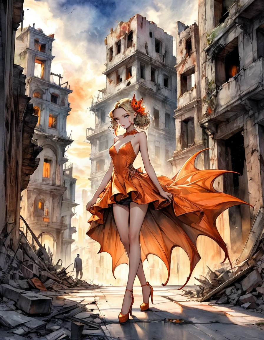 atmosphere terror devil {Amanda Sage Camilla Sanchez Edgar Degas} very fine drawing cartoon sketch art pastels watercolor pencil sketck withe + orange withe terror evil Venom rich deep color bright palette. perfect full body composition wonderful sexy sad woman luminous face sensual allure walking city ruins masterpiece smooth smart focus