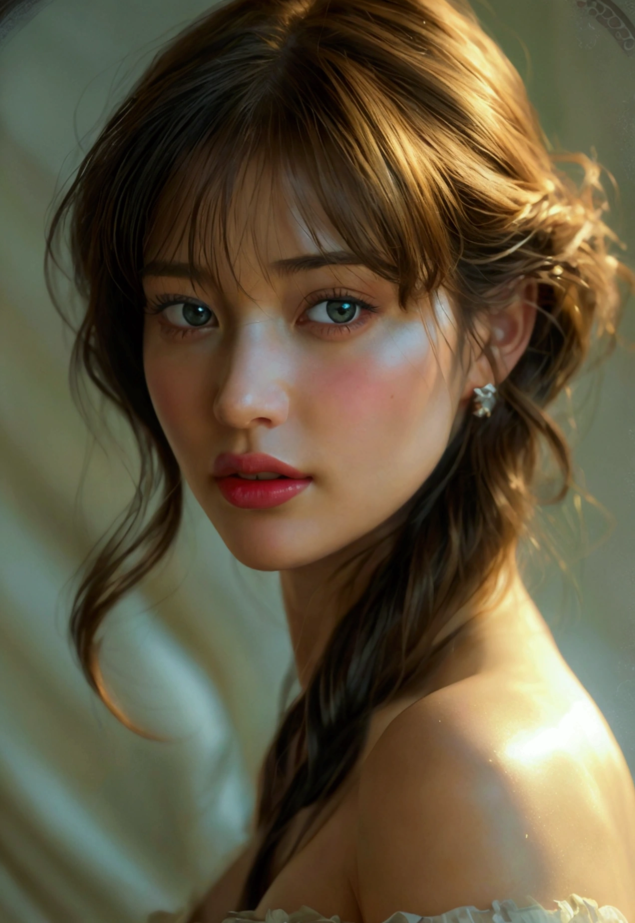 Classical Hollywood, mix of Kate Upton + Olga Kurylenko + Estella Warren as Lara Croft, [by John Singer Sargent and Norman Rockwell and Adam Hughes] featuring gorgeous detailed eyes. medium shot anime portrait of a female character, in the style of [Pixar and Disney and Overwatch], beautiful detailed face. Dynamic pose, cinematic composition, elaborate, soft studio lighting, ultra realistic, photorealistic, octane render, cinematic lighting, hdr, 4k, 8k, edge lighting