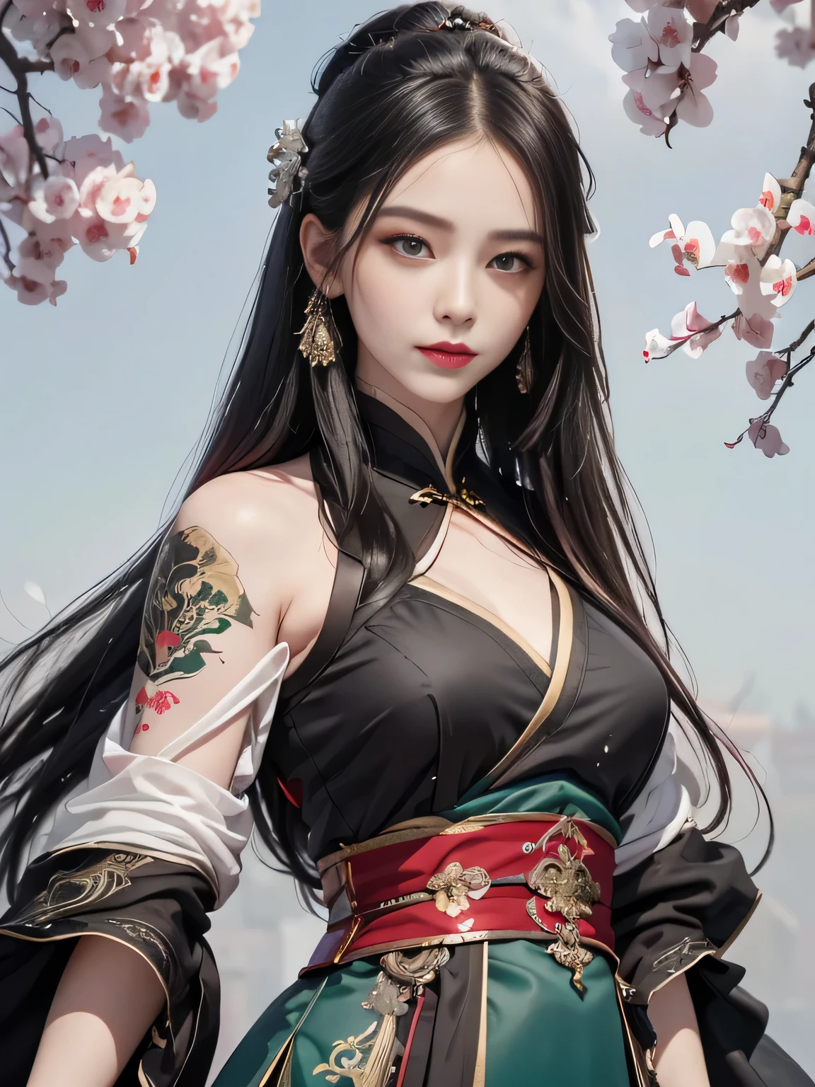 1 girl, Actress, Handsome, Ink splash, Chinese armor, (Upper Body), Black Hair, Flowing hair, Exquisite eyes, Black and green ancient silk Hanfu, Field of view, (F1.8), (masterpiece), (Portraits), front Photo, White background, (poster), arms