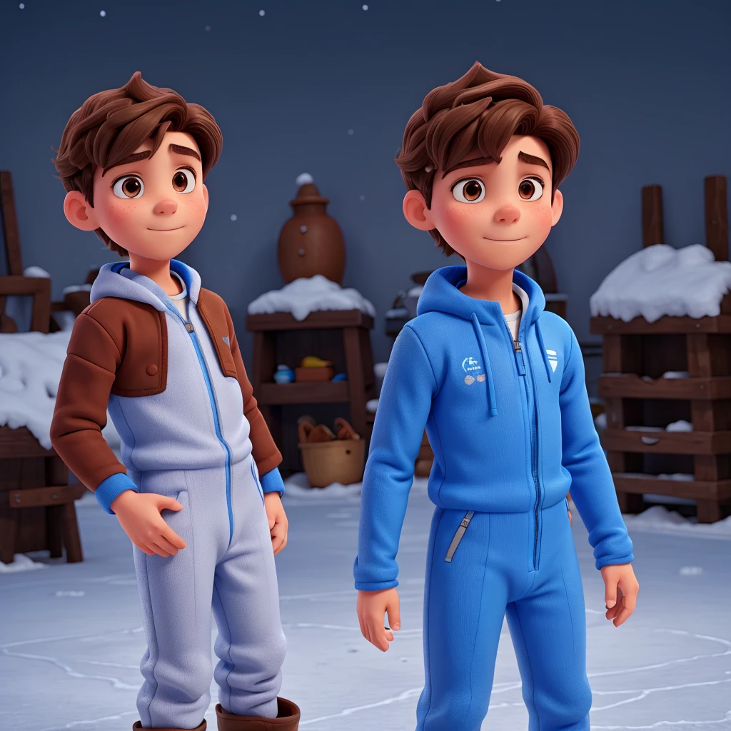 A boy with an ice suit and brown hair and a blue ribbon on his chest