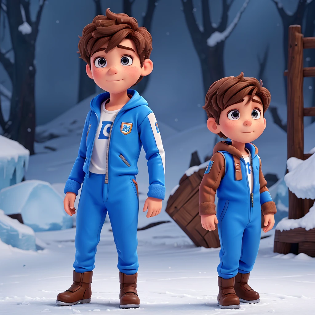 A boy with an ice suit and brown hair and a blue ribbon on his chest