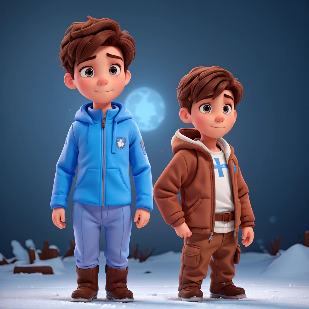 A boy with an ice suit and brown hair and a blue ribbon on his chest
