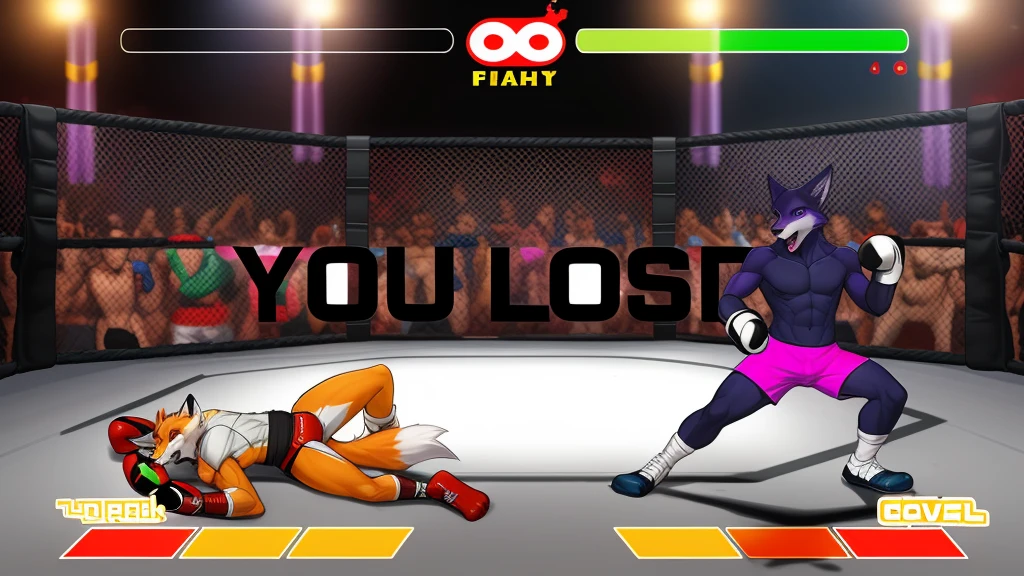a detailed picture of a boxing match (male anthros, two boy), slim body, slim features, in a boxing ring, Ross Tran, ruan jia, trending on artstation, foxovh,User Interface of Fighting game, Crisis, assorted poses, assorted expression, full body, sound effects, motion blur, from side, ((fox, blue shorts, knocked out on the floor)), (((purple wolf, white shorts, boxing pose))) “VS”