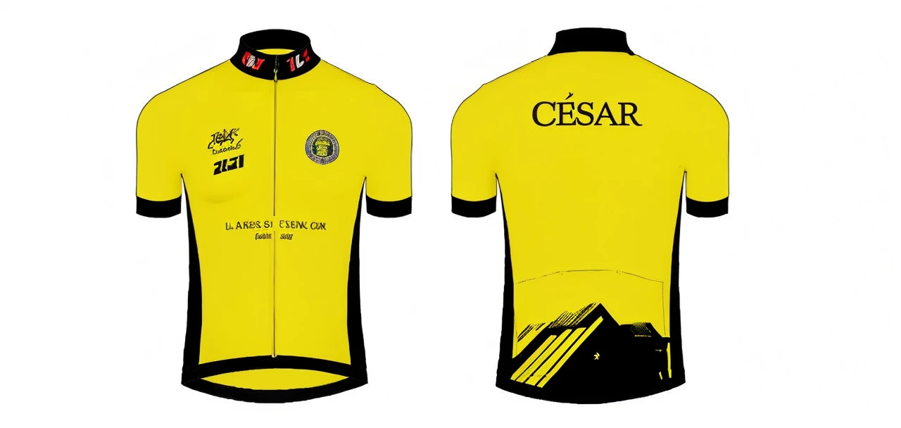 A cycling jersey seen from the front, inspired by the design of the Tour de France. The predominant colors are bright yellow with black and white details. On the left side of the chest, there is a stylized logo. Around the logo, there is a text that says &#39;11 Anniversary&#39; in a stylish modern font. The jersey has a streamlined and professional style, with materials that seem high quality, like those used in elite cycling competitions. The background is neutral to highlight the jersey design without the cyclist just the jersey mockup similar to the image 