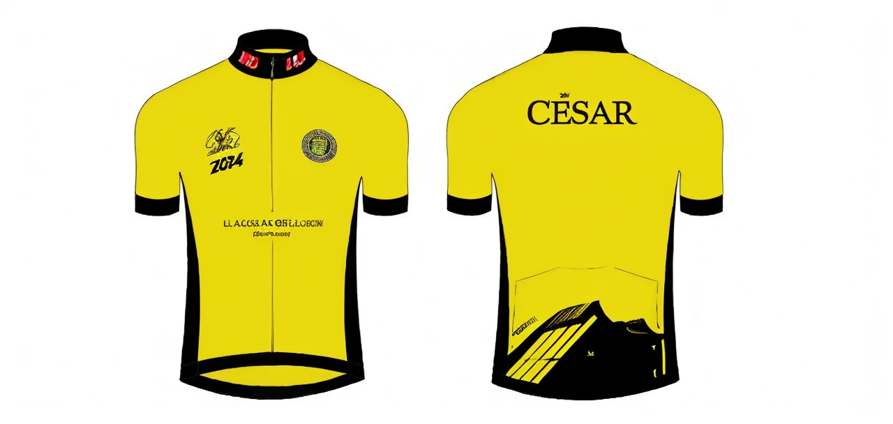 A cycling jersey seen from the front, inspired by the design of the Tour de France. The predominant colors are bright yellow with black and white details. On the left side of the chest, there is a stylized logo. Around the logo, there is a text that says '11 Anniversary' in a stylish modern font. The jersey has a streamlined and professional style, with materials that seem high quality, like those used in elite cycling competitions. The background is neutral to highlight the jersey design without the cyclist just the jersey mockup similar to the image