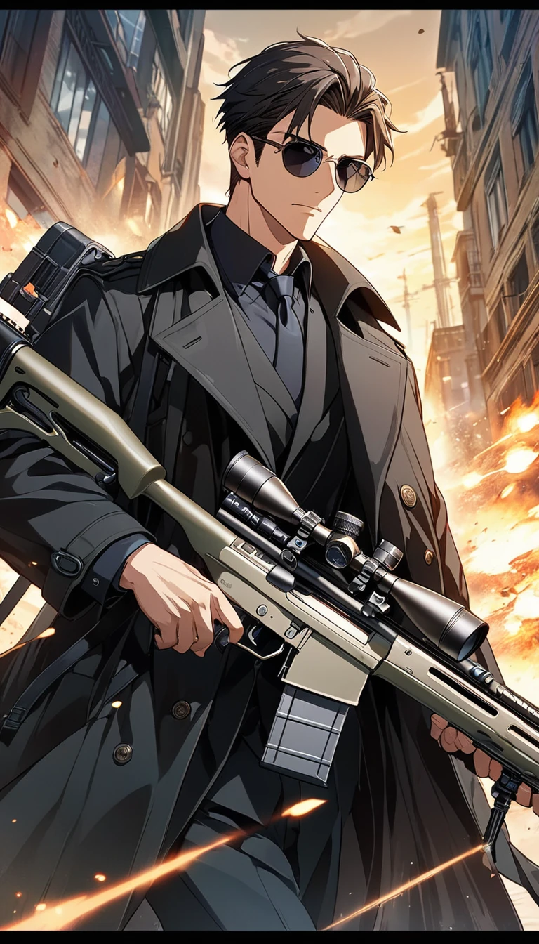 sniper cover art,Handsome handsome boy wearing sunglasses.Wearing a black trench coat.Sniper using sniper rifle. Anime Visual, Detailed key animation art, anime artwork,  Ethereal anime impact.Beautiful and extremely fine texture，detailed, bright, Animation style high definition and high quality presentation,
