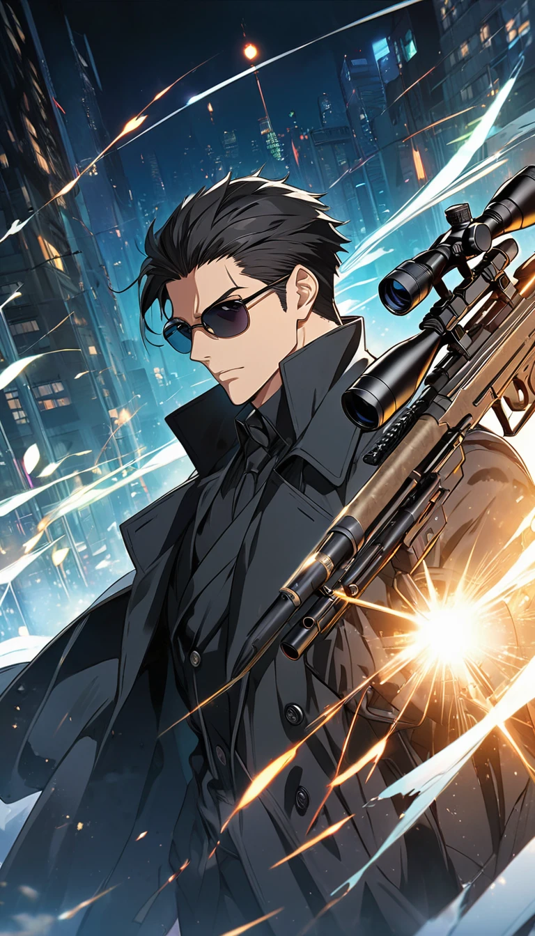 sniper cover art,Handsome handsome boy wearing sunglasses.Wearing a black trench coat.Sniper using sniper rifle. Anime Visual, Detailed key animation art, anime artwork,  Ethereal anime impact.Beautiful and extremely fine texture，detailed, bright, Animation style high definition and high quality presentation,